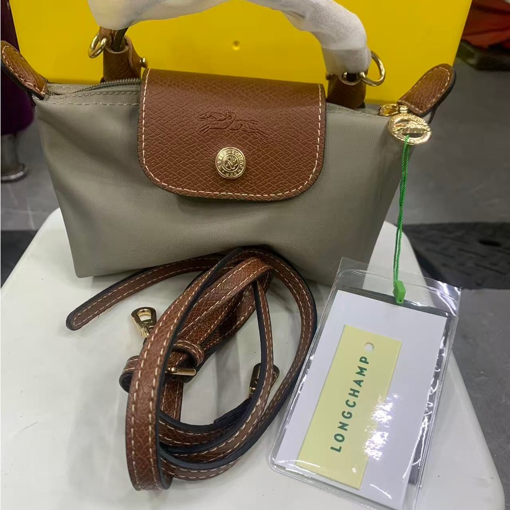 Longchamp Taupe Crossbody with Brown Leather Trim and Gold Hardware
